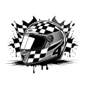 full face motorcycle racing helmet with number 4, and checkered flag stuck in the top breaking helmet bleeding tattoo design idea