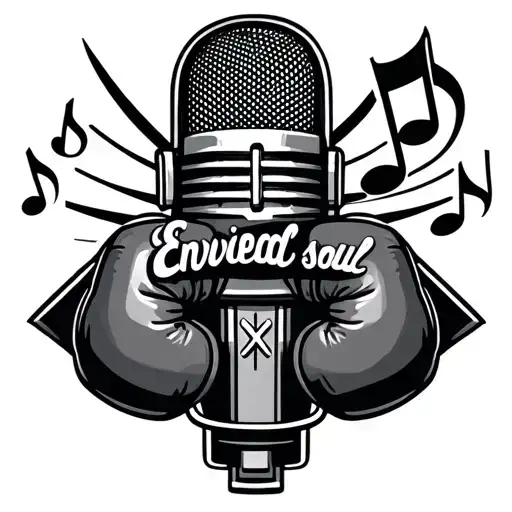 "envied soul" in cursive. modern microphone. a few music notes. boxing gloves. a cross tattoo design idea