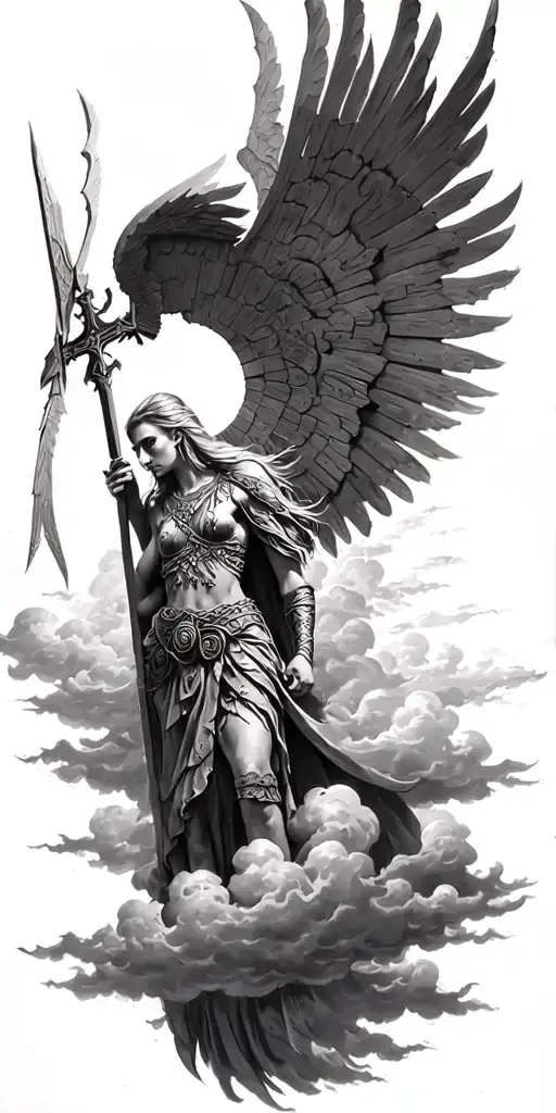 age of discovery, norse Valkyrie, clouds, rays, a cross,  tattoo design idea