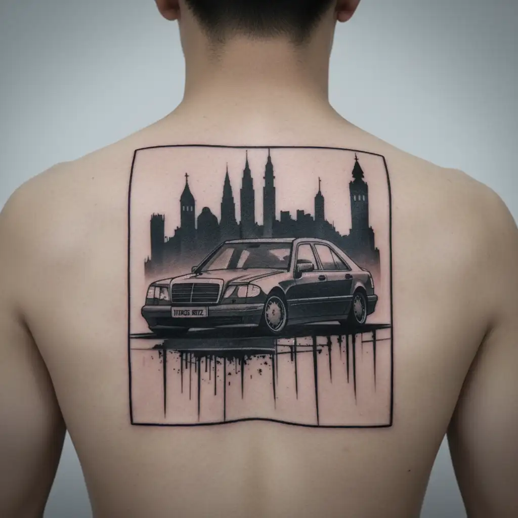Mercedes-benz w140 minimalist tattoo design with Cluj-Napoca skyline tattoo design idea
