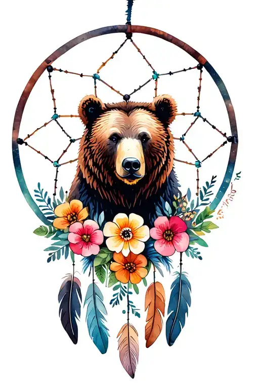 grizzly bear profile in dream catcher with flowers and feathers  tattoo design idea