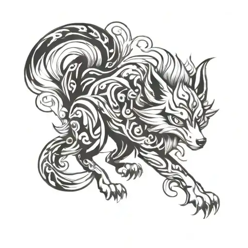 kitsune nine tails fox full body tattoo design idea