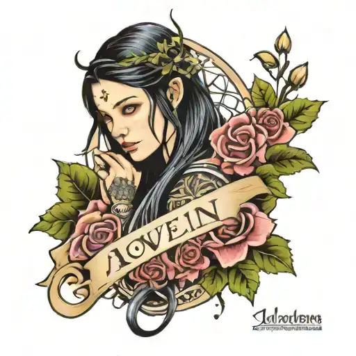 Arwen and flowers and a broken sword and the ring of omnipotence and the inscription love in the elven language tattoo design idea