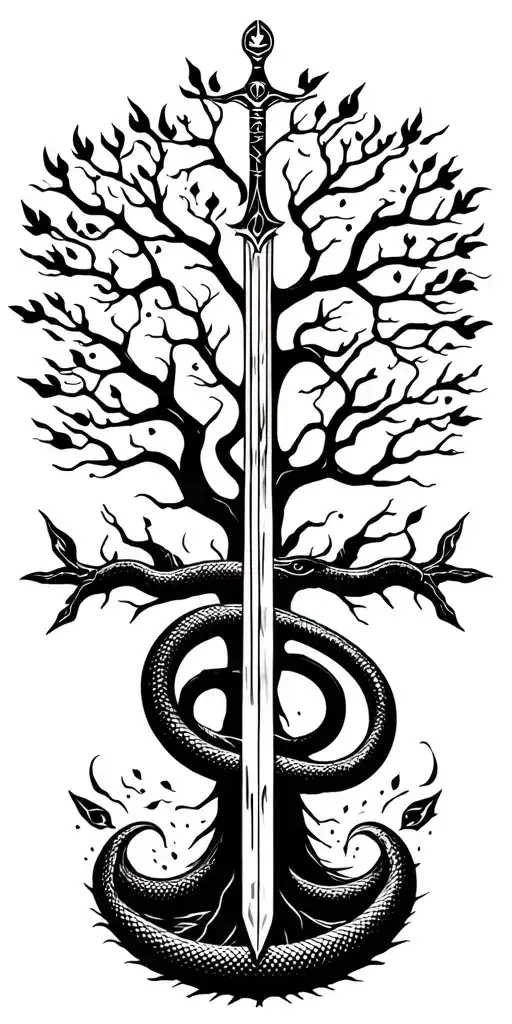 tree of life with heaven and hell symbology with a coiled snake, gates of heaven, and st Michael's sword tattoo design idea