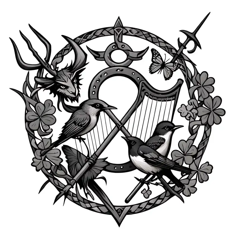 a devil with trident and a robin bird and a butterfly and a shamrock and a harp and horseshoe in a celtic design intertw tattoo design idea