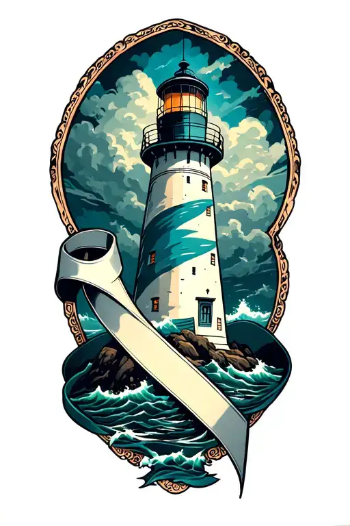 Lighthouse in the storm with the ovarian cancer ribbon wrapping around the Lighthouse  tattoo design idea