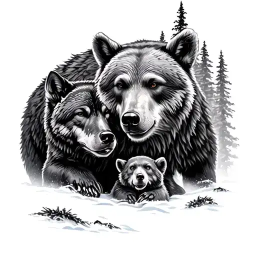 bear defending bear cub against wolfs tattoo design idea