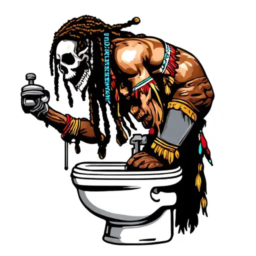"INDIGENOUS PLUMBING EST.2020" skull dreadlock Native American warrior fixing a toilet tattoo design idea