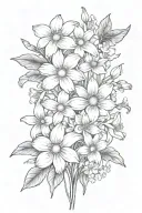daisies and daffodils bouquet with sprinkling of cherry blossoms, snow drops, violets, filler, stems tattoo design idea