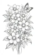 daisies and daffodils bouquet with sprinkling of cherry blossoms, snow drops, violets, filler, stems tattoo design idea