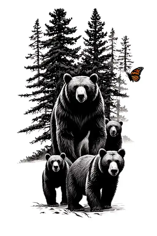 Papa bear and 3 black bear cubs and 2 monarch butterfly walking in the wilderness trees tattoo design idea