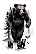 Papa bear and 3 black bear cubs and 2 monarch butterfly walking in the wilderness trees tattoo design idea
