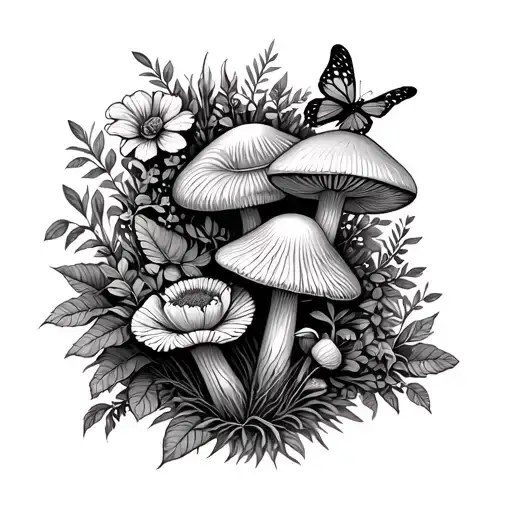plants, flowers, foliage, mushrooms, forest animals, butterflies tattoo design idea