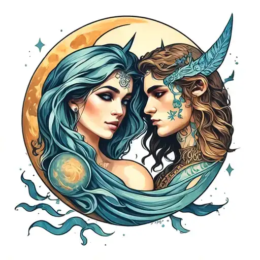 aquarius woman  and Sagittarius man soulmate love moon and Harley tattoo design idea