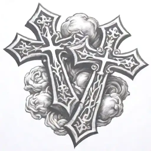 two chrome hearts crosses very close to eachother with a simple design behind them tattoo design idea