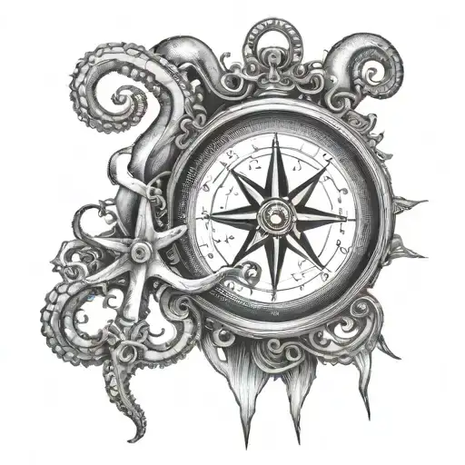 compass with anchor and octopus  tattoo design idea