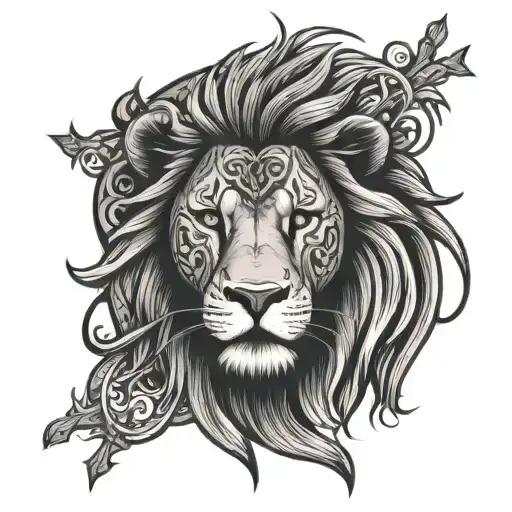 Lion with a cross intertwined in eye surrounded by tribal tatoo tattoo design idea