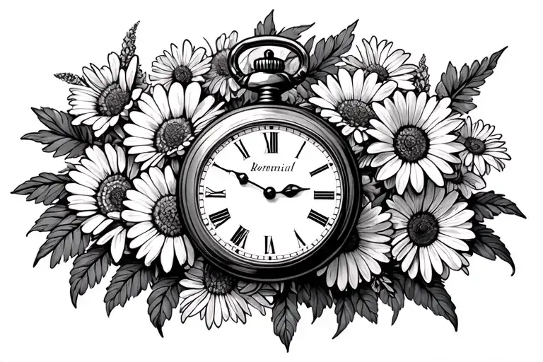 pocket watch with daisies marigolds and asters morning glorys tattoo design idea