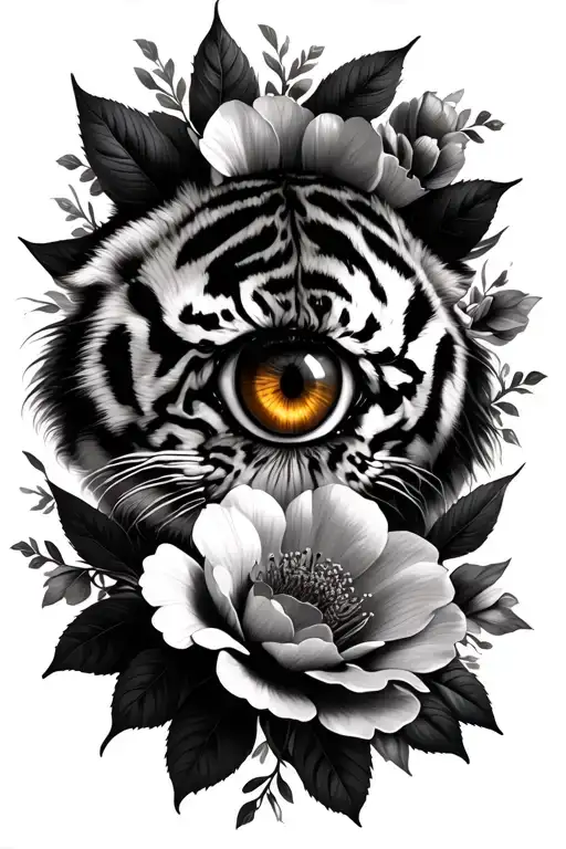 realistic tiger eye and flowers tattoo design idea