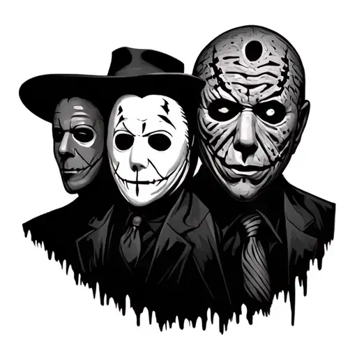 Micheal Myers, Freddy Krueger, ghostface mask, pinhead all side by side tattoo design idea