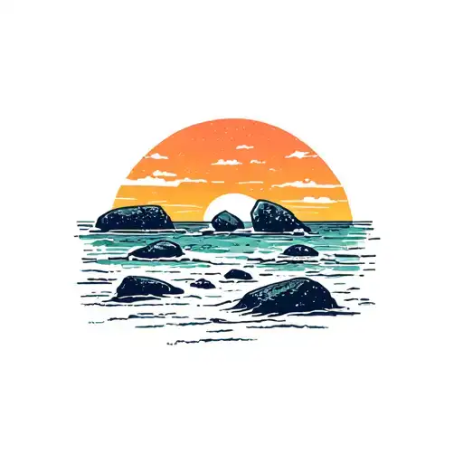 rocks protruding from a beach horizon at sunset tattoo design idea
