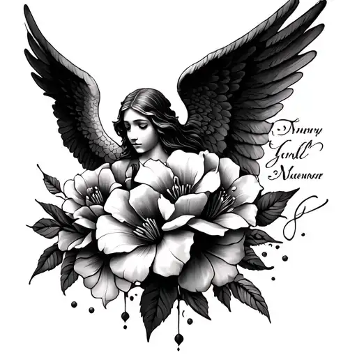 memorial tattoo flowers with angel winge tattoo design idea