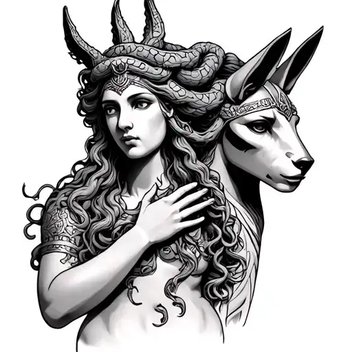 Medusa looking forward Poseidon and Athena's head behind her each with one hand covering Medusa's mouth and Anubis  tattoo design idea