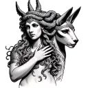 Medusa looking forward Poseidon and Athena's head behind her each with one hand covering Medusa's mouth and Anubis  tattoo design idea