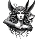 Medusa looking forward Poseidon and Athena's head behind her each with one hand covering Medusa's mouth and Anubis  tattoo design idea