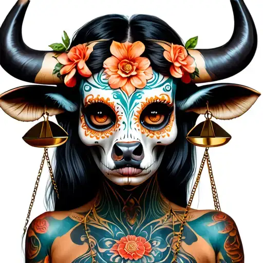 woman body bull with sugar skull markings, brown eyes and two Libra scales with extra dark background tattoo design idea