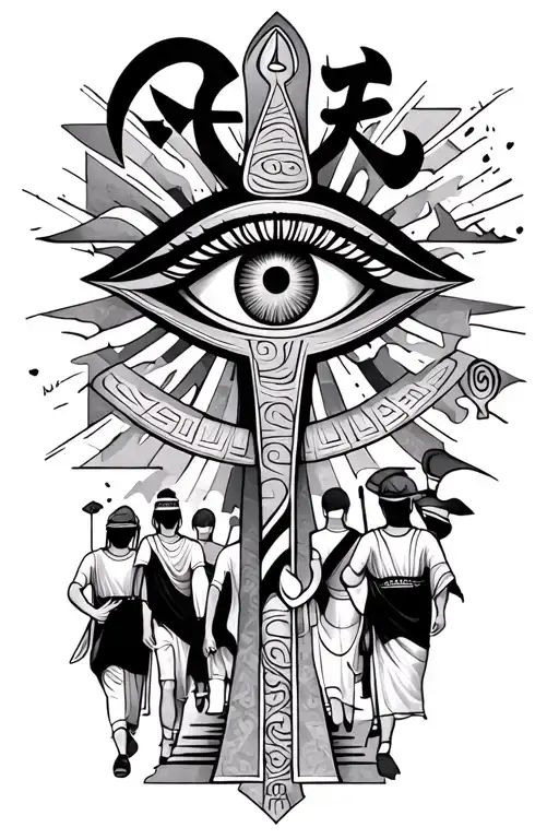 tatto with ankh and eye of ra, below it the kanji of love kaizen , under neath that put people walking ( sonder) add  tattoo design idea