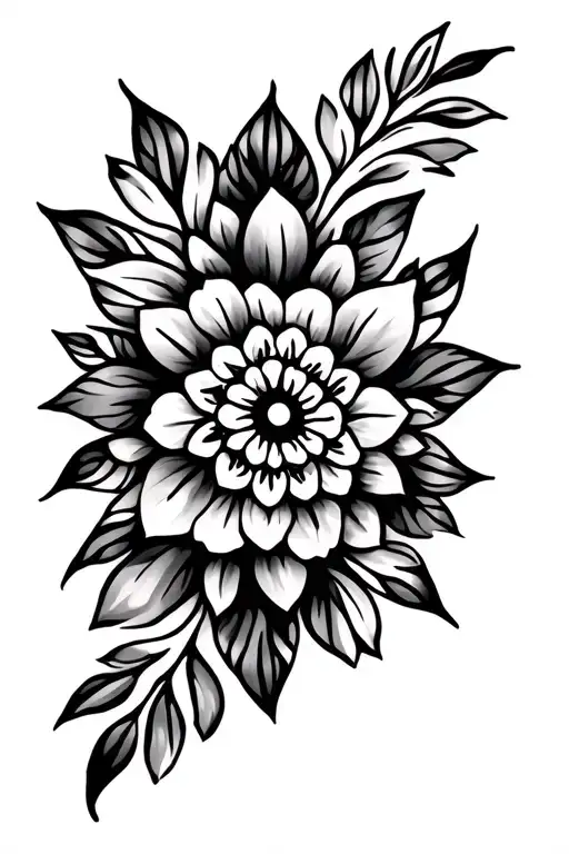 Fine floral pattern morphing into a leaf and mandala design incorporating elements with dot stripe tattoo design idea