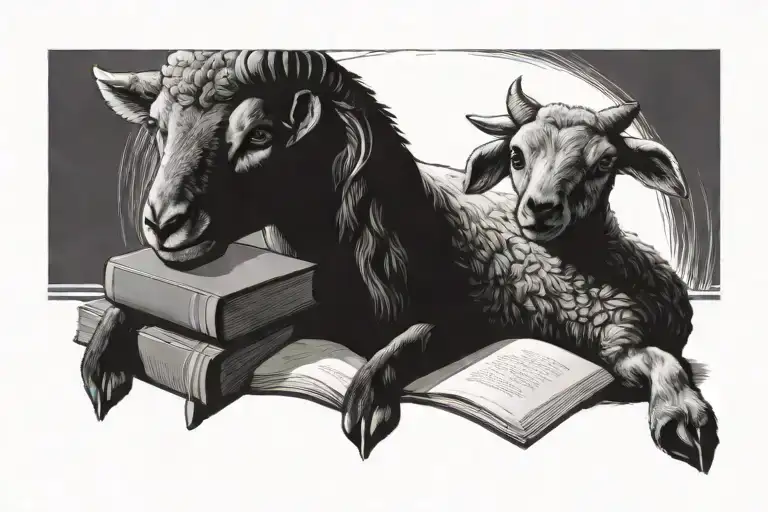 dark academia with lamb laying peacefully featuring books tattoo design idea