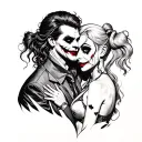 A tattoo of a broken heart with The Joker and Harley Quinn embracing each other, representing the duality of love and pain tattoo design idea
