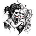 A tattoo of a broken heart with The Joker and Harley Quinn embracing each other, representing the duality of love and pain tattoo design idea