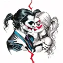 A tattoo of a broken heart with The Joker and Harley Quinn embracing each other, representing the duality of love and pain tattoo design idea