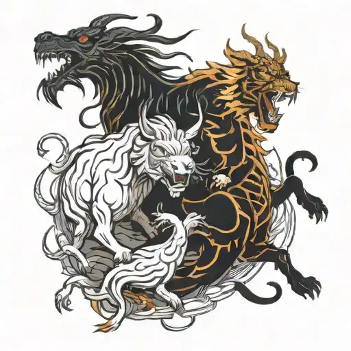 goat, tiger and dragon fighting each other tattoo design idea
