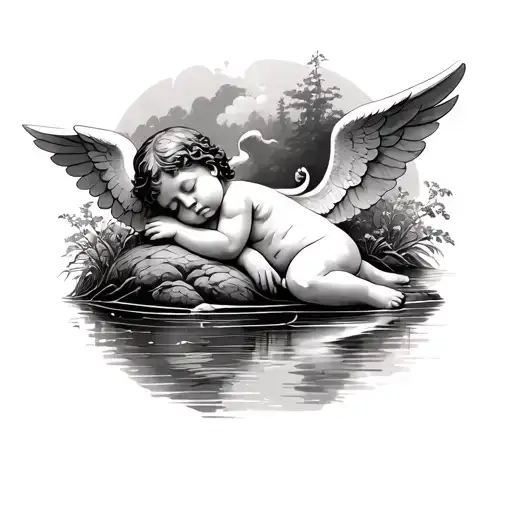 sleeping cherub sat on riverbank tattoo design idea