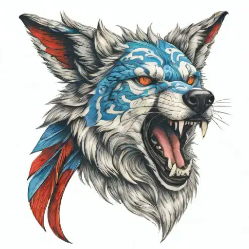 blue eyed wolf head with red dragon wings  tattoo design idea