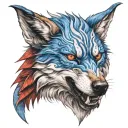 blue eyed wolf head with red dragon wings  tattoo design idea