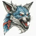 blue eyed wolf head with red dragon wings  tattoo design idea