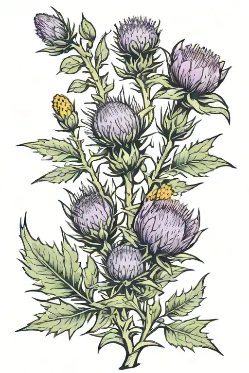 thistle intertwined with wattle flower tattoo design idea