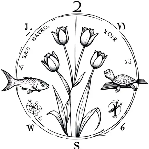 a fish, three tulips, 2 golf tees, the number 2, surfboard, orioles team symbol, turtle, a book all around a compasss tattoo design idea