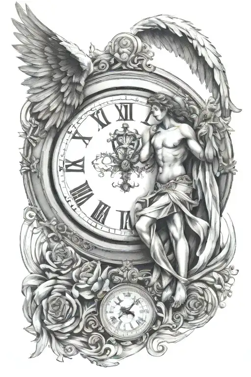 An angel and behind it a clock with Roman numerals tattoo design idea