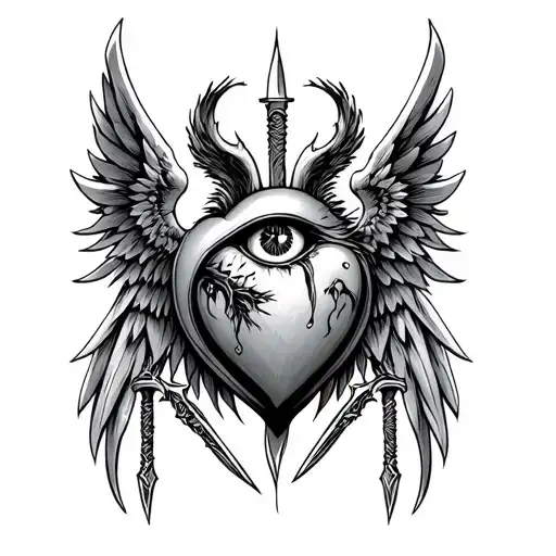 heart-shaped seraphim, one eye, three daggers, multiple sets of wings tattoo design idea