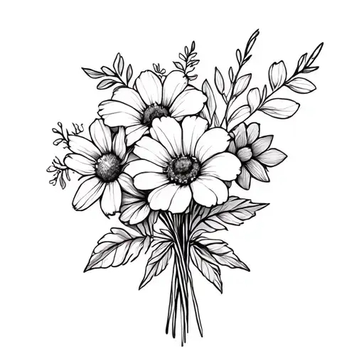 march birth flower, December birth flower and both February birth flowers all together in a bouquet fine line tattoo design idea