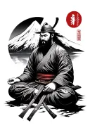 Japanese Ronin samurai warrior meditating with mount fuji behind tattoo design idea