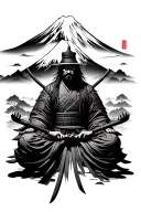 Japanese Ronin samurai warrior meditating with mount fuji behind tattoo design idea
