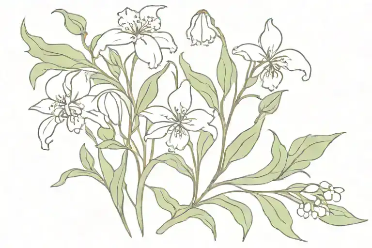 Lily of the valley and hawthorn :Violet, primrose, and iris tattoo design idea