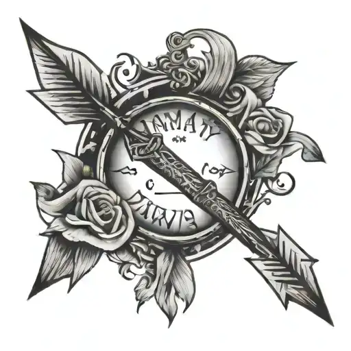 Bow and arrow with the words "anyway" in mirror writing and the numbers "222" inside tattoo design idea